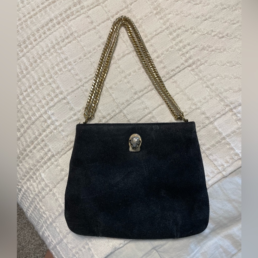 Vintage Ruth Saltz Black Suede 1970s Shoulder Bag with Gold Hardware and Lion